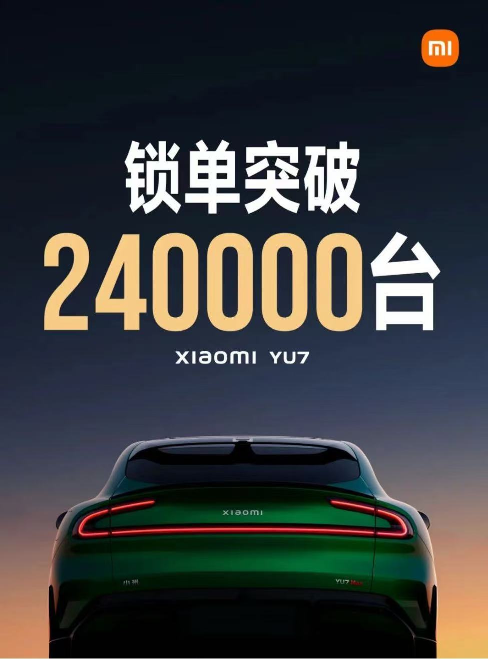 In the 18 hours since the start of sales, the number of Xiaomi YU7 lock orders has exceeded 240,000 units